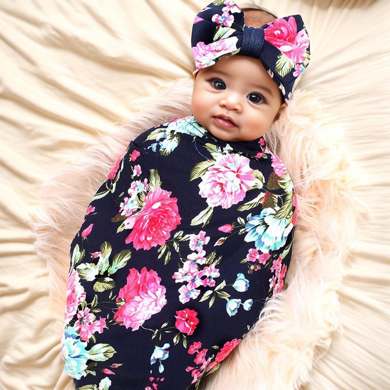 Galabloomer Receiving Blanket Headband Set Flower Print Baby Swaddle Receiving Blanketsâ€¦ (Navy Blue Rose) - Image 3