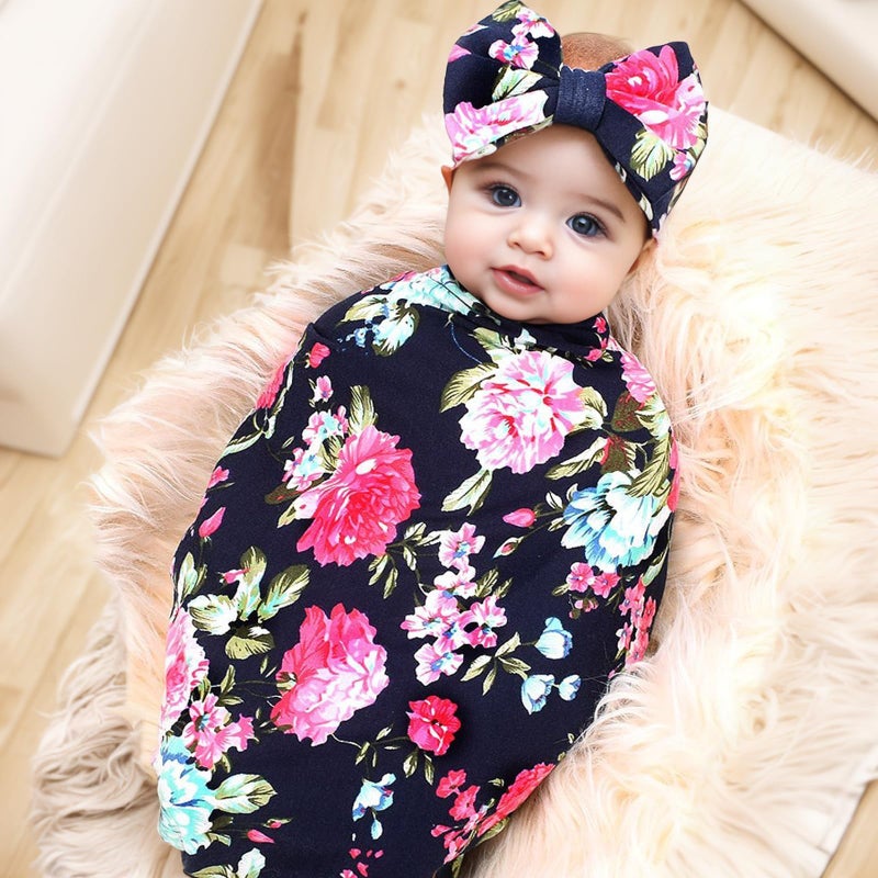 Galabloomer Receiving Blanket Headband Set Flower Print Baby Swaddle Receiving Blanketsâ€¦ (Navy Blue Rose) - Image 4