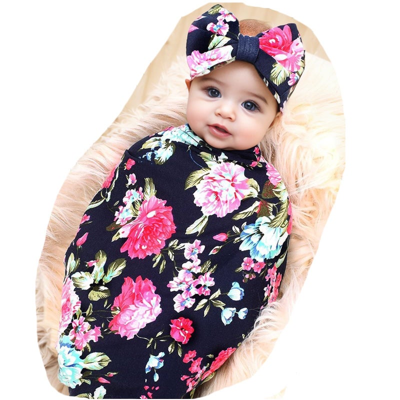 Galabloomer Receiving Blanket Headband Set Flower Print Baby Swaddle Receiving Blanketsâ€¦ (Navy Blue Rose) - Image 1