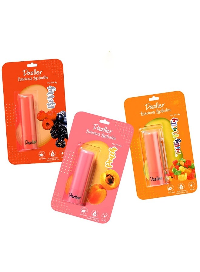 Dazller Luscious Lipbalm, 4G, Lip Treats Trio, Pack of 3, (Peach, Berry, Tuitty Fruitty) |Soothes & Nourishes|Prevents Lip Discoloration - Image 1