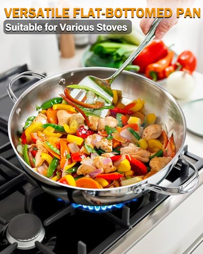 Cooks Standard Multi-Ply Clad Stainless Steel Wok Stir Fry Pan with Glass Lid, 12-inch large Stainless Steel Deep Frying Pan, Everyday Chef's Pan Flat Bottom Wok Induction Cookware - Image 5