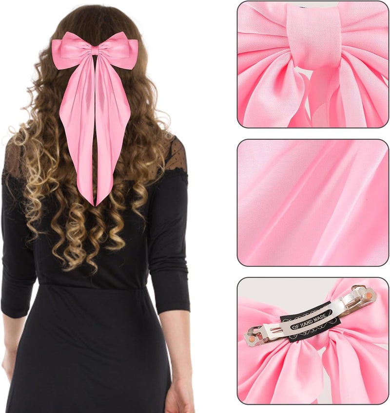 WLLHYF Big Bow Hair Clips Satin Silky Bow Barrettes Long Tail French Hair Bows Metal Hair Pins Bowknot Hair Clamps Hair Accessories for Women Girls Wedding Birthday Party (Pink) - Image 3