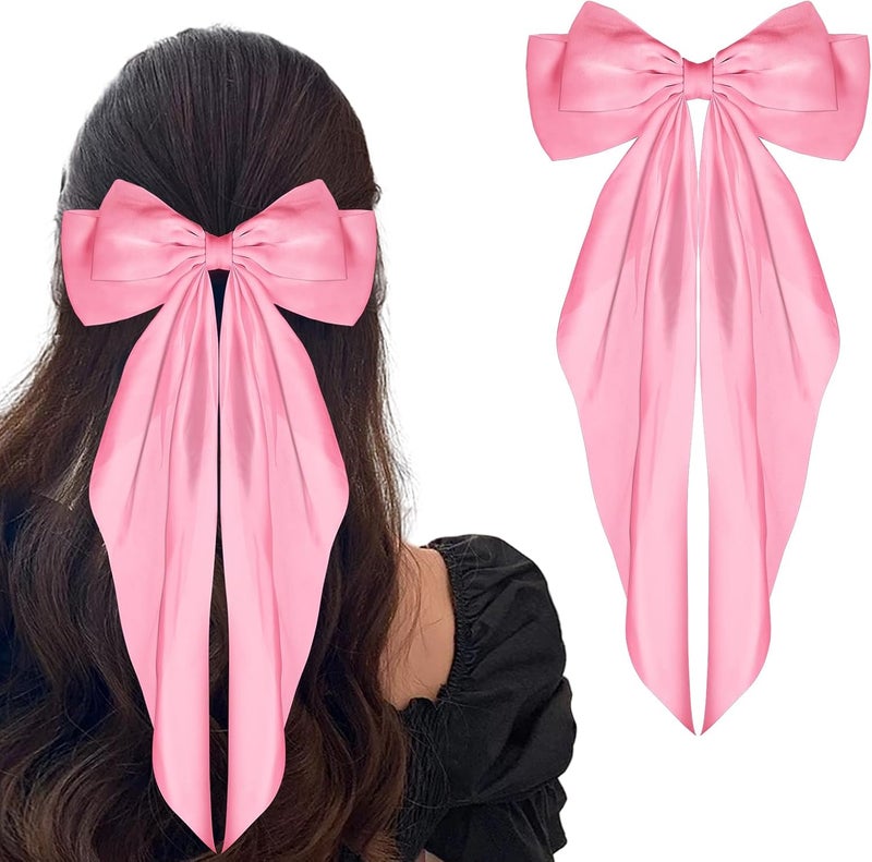 WLLHYF Big Bow Hair Clips Satin Silky Bow Barrettes Long Tail French Hair Bows Metal Hair Pins Bowknot Hair Clamps Hair Accessories for Women Girls Wedding Birthday Party (Pink) - Image 1