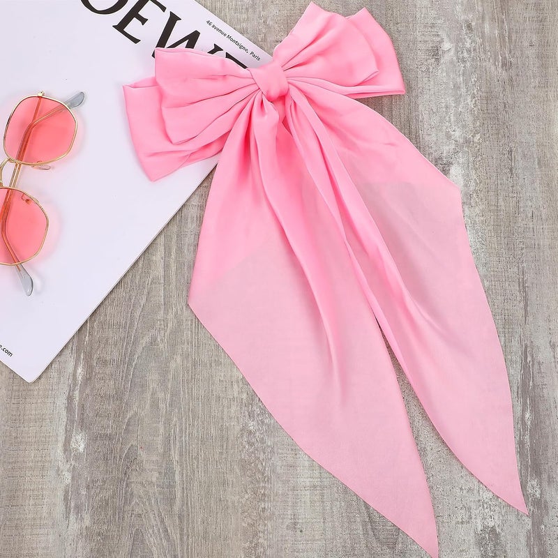 WLLHYF Big Bow Hair Clips Satin Silky Bow Barrettes Long Tail French Hair Bows Metal Hair Pins Bowknot Hair Clamps Hair Accessories for Women Girls Wedding Birthday Party (Pink) - Image 4