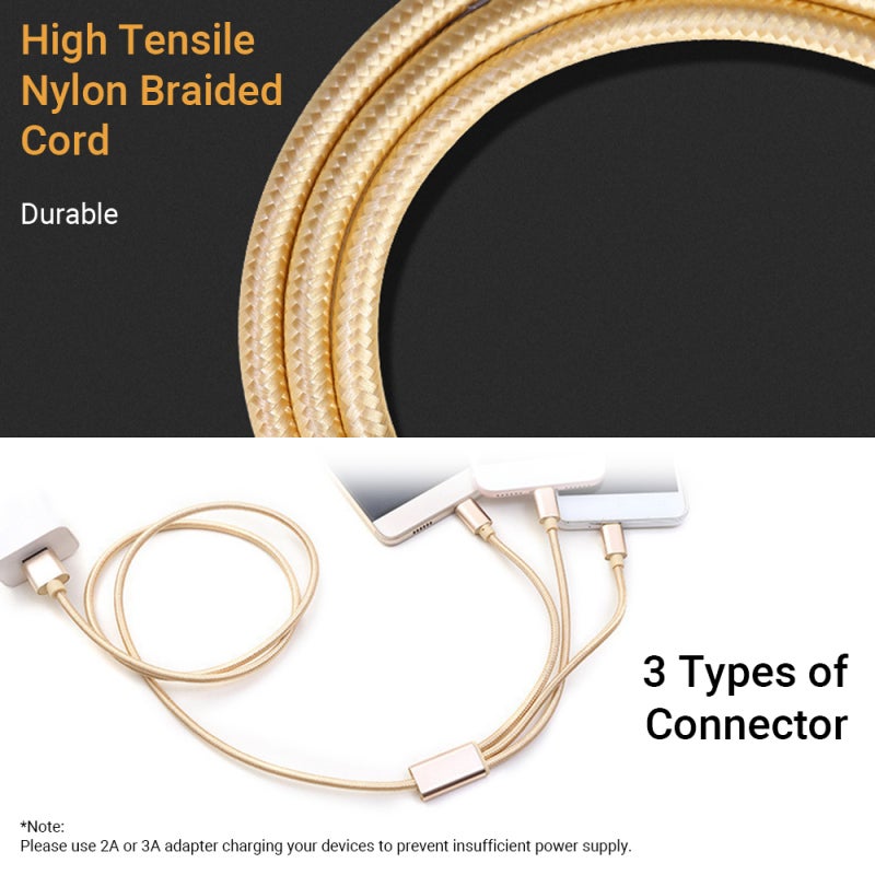 Fast Charging Cable: 1 Meter Rose Gold, Triple Charging Capability, Durable Aluminum Alloy Connectors - Nylon Braided Tangle Free Cable for Universal Device Charging - Image 3