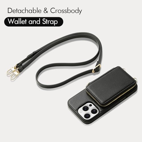 ZVE for iPhone 16 Pro Max Wallet Case, Zipper Crossbody Case with Wrist Strap Card Holder Protective Cover for Women for iPhone 16 Pro Max 6.9" Black - Image 5