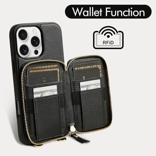 ZVE for iPhone 16 Pro Max Wallet Case, Zipper Crossbody Case with Wrist Strap Card Holder Protective Cover for Women for iPhone 16 Pro Max 6.9" Black - Image 2