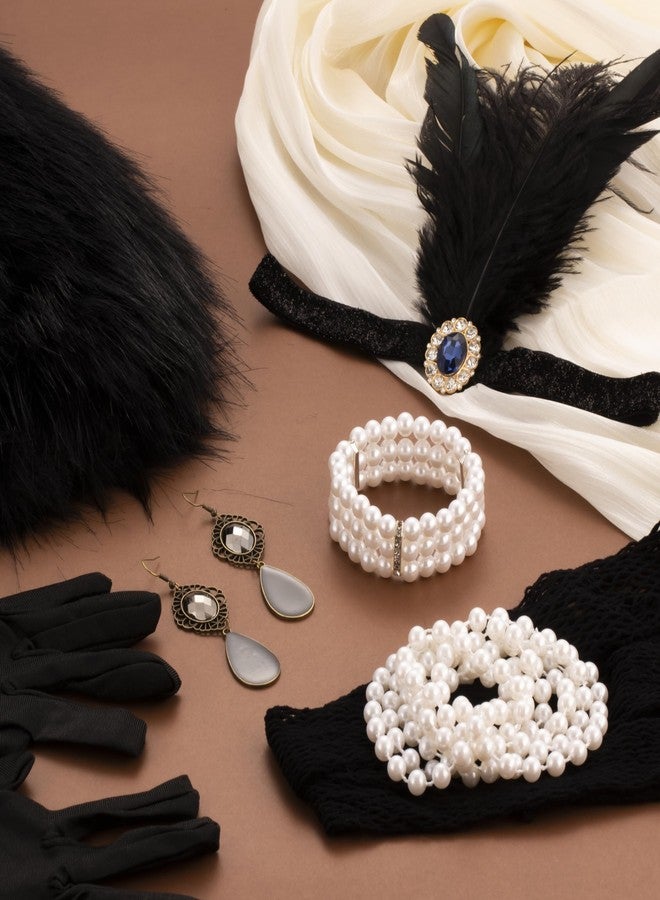 EIELO 1920s Great Gatsby Accessories Set for Women Headpiece Headband Flapper Roaring 20s Costume Accessories Black (Faux Fur Shawl) - Image 5