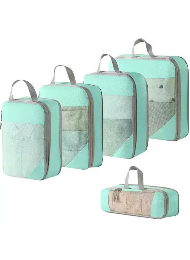 5 Set Compression Packing Cubes with Mesh, Travel Organizer Set - Compressible Packing Cubes Expandable Travel Organizers for Suitcases, Space Saving Luggage Storage Bags - Image 1