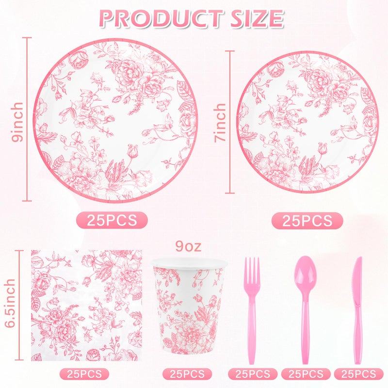 Elyxio 175Pcs Pink Floral Paper Plates and Napkins 25 Guests Pink White Toile Chinoiserie Party Supplies Set Include Plates Napkins Cups Spoons Forks Knives for Christmas Birthday Wedding Mother's Day - Image 2