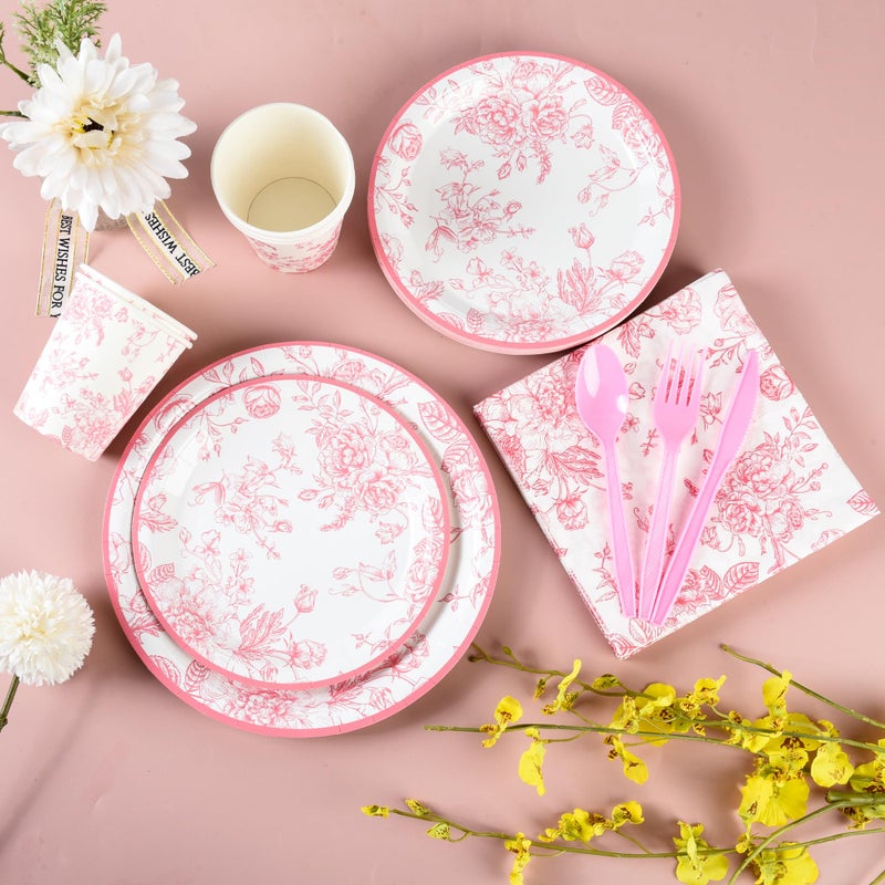 Elyxio 175Pcs Pink Floral Paper Plates and Napkins 25 Guests Pink White Toile Chinoiserie Party Supplies Set Include Plates Napkins Cups Spoons Forks Knives for Christmas Birthday Wedding Mother's Day - Image 3
