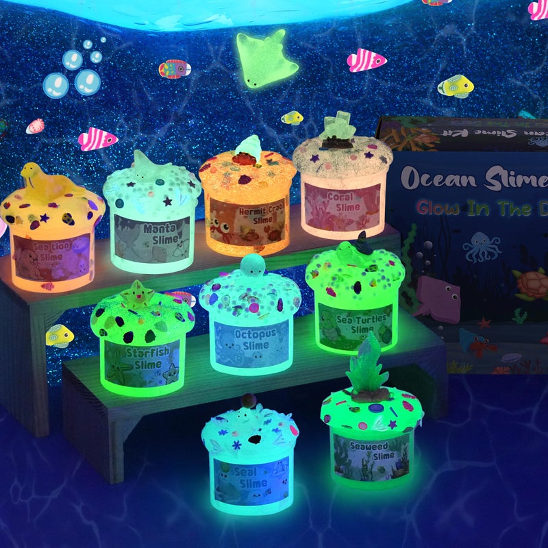 Okaybee Ocean Glow in The Dark Slime Kit 9 Pack, with Deep Sea Slime Charms, Sensory DIY Rainbow Slime for Kids, Glow Party Favors for Girls & Boys, Halloween - Image 3