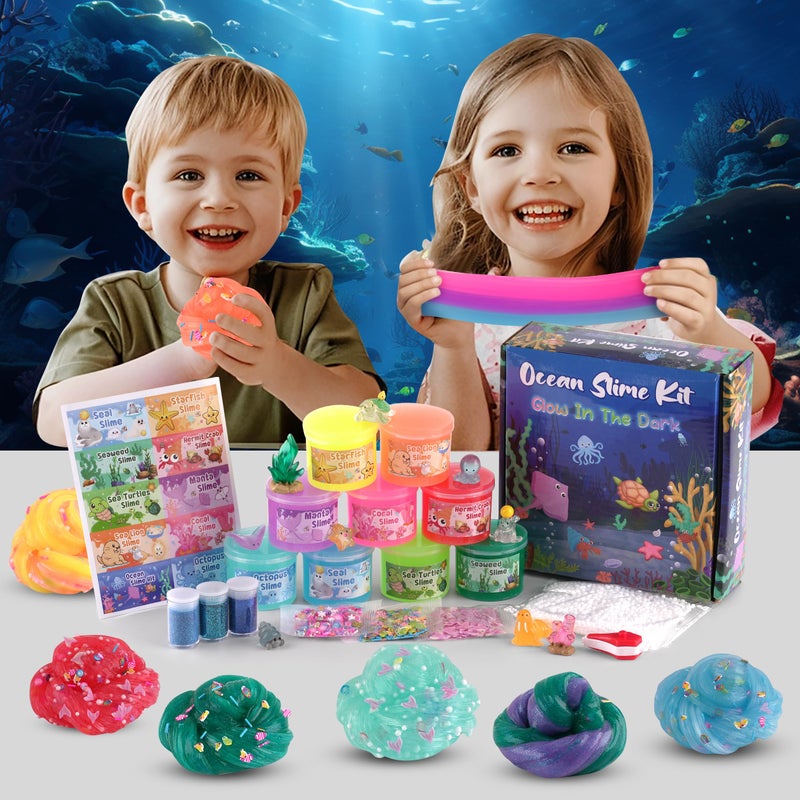 Okaybee Ocean Glow in The Dark Slime Kit 9 Pack, with Deep Sea Slime Charms, Sensory DIY Rainbow Slime for Kids, Glow Party Favors for Girls & Boys, Halloween - Image 5