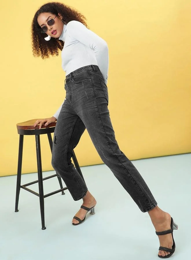 Freehand Grey Freehand Women Slim Fit Light Distress Jeans for Women | Best Price UAE