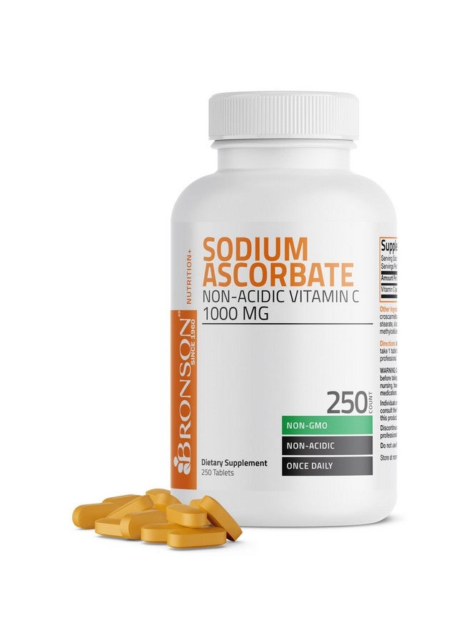 برونسون أقراص فيتامين سي غير الحمضية من أسكوربات الصوديوم بتركيز 1000 مجم - لطيفة على المعدة - معززة لجهاز المناعة - مضادة للأكسدة قوية - مكمل غذائي غير معدّل وراثيًا من فيتامين سي، 250 قرصًا - Image 1