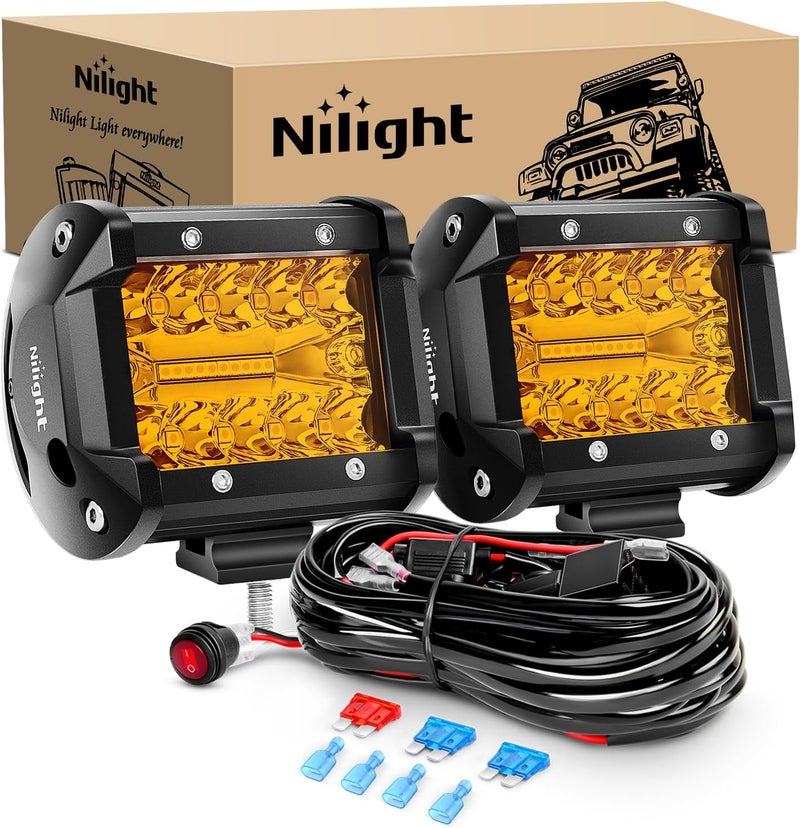 Nilight 2PC 4Inch Amber Led Pods Triple Row 60W Flood Spot Combo Driving Fog Lights with 16AWG Wiring Harness-2 Leads for Offroad Pickup Trucks Jeep ATV UTV SUV, 2 Years Warranty - Image 1