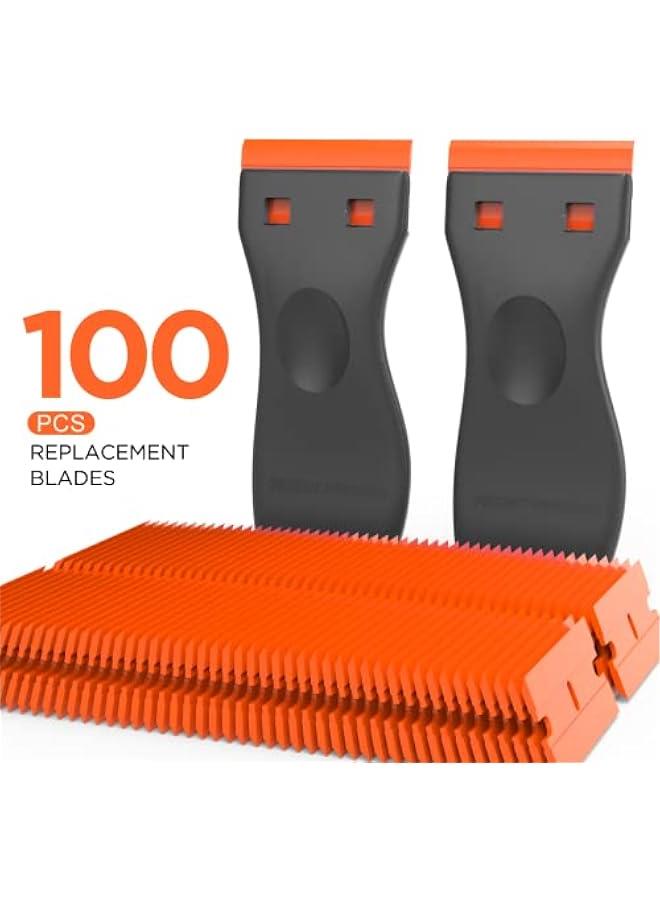 Plastic Razor Blades Scraper Tool - 2 Pack Wall Paint Remover with 100 PCS Blades Kit No Scratch Car Window Glass Wood Sticker Removal Floor Stove Kitchen Vinyl Adhesive Decal Tape Cleaning - Image 4
