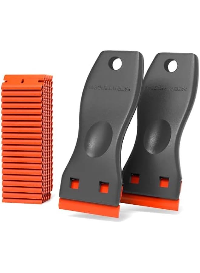 Plastic Razor Blades Scraper Tool - 2 Pack Wall Paint Remover with 100 PCS Blades Kit No Scratch Car Window Glass Wood Sticker Removal Floor Stove Kitchen Vinyl Adhesive Decal Tape Cleaning - Image 1