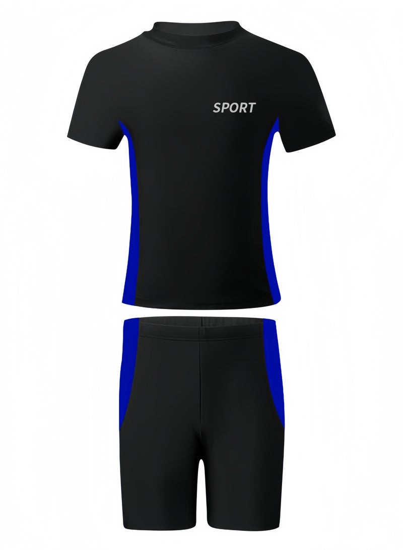 Lee Yon 2-Piece Boys Swimsuit Swimming Trunks Set, Toddler Kids Training Quick Dry Swimwear Children Short Sleeves Clothing Beachwear Split Bathing Suit for Summer, (Size L, suitable for 35-45kg/120-155cm), Black  - Image 2