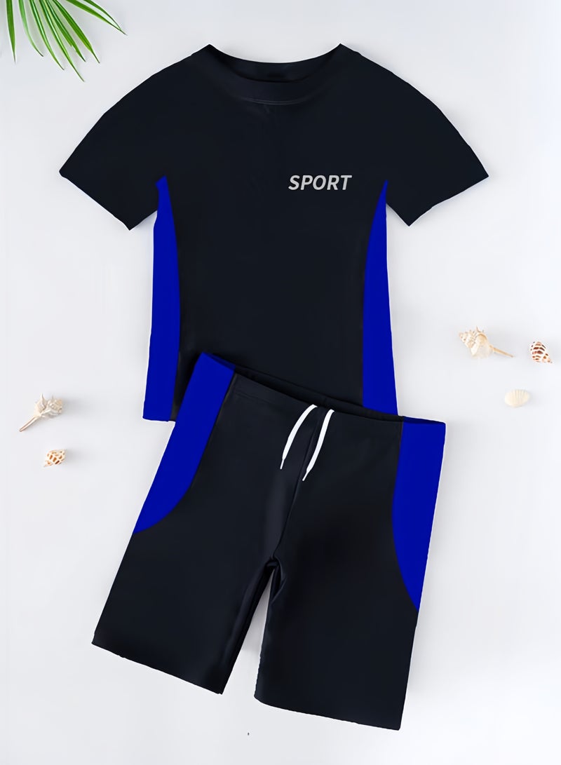 Lee Yon 2-Piece Boys Swimsuit Swimming Trunks Set, Toddler Kids Training Quick Dry Swimwear Children Short Sleeves Clothing Beachwear Split Bathing Suit for Summer, (Size L, suitable for 35-45kg/120-155cm), Black  - Image 4