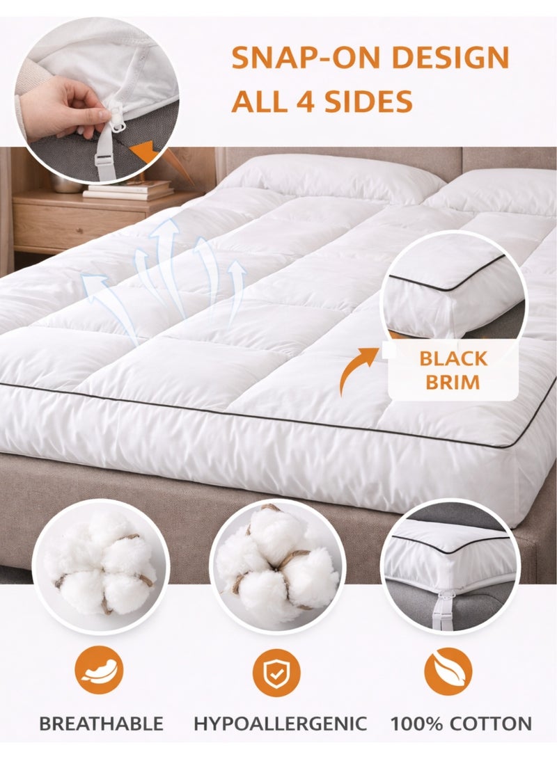 F.A.M.S Luxury 5-Star Hotel Mattress Topper – Plush Thick Comfort, 250 Thread Count Fabric, Breathable & Hypoallergenic, Secure Snap-On Fit on All 4 Sides, Elegant Black Piping - Image 4