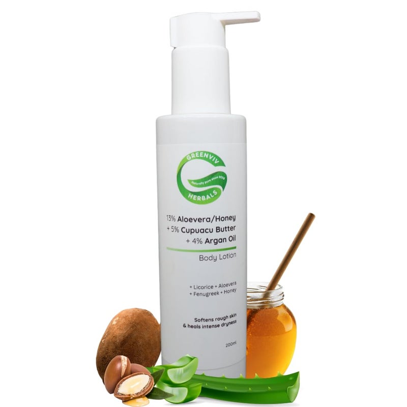 Greenviv 13% Aloe Vera & Honey + 5% Cupuaçu Butter + 4% Argan Oil Smooth & Supple Body Lotion | Deeply Nourishes & Hydrates Dry Skin | 200ml - Image 1