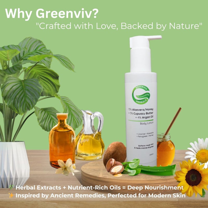 Greenviv 13% Aloe Vera & Honey + 5% Cupuaçu Butter + 4% Argan Oil Smooth & Supple Body Lotion | Deeply Nourishes & Hydrates Dry Skin | 200ml - Image 4