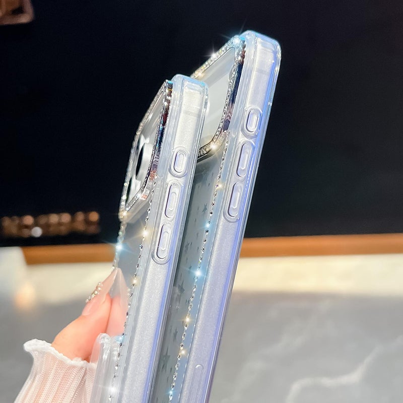 erorex For iPhone 14 Pro Rhinestone Glitter TPU 4-corners Anti-fall Phone Case with Holder(Transparent) - Image 5