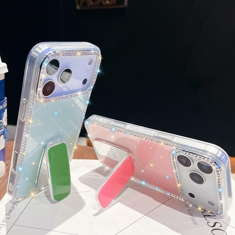 erorex For iPhone 14 Pro Rhinestone Glitter TPU 4-corners Anti-fall Phone Case with Holder(Transparent) - Image 2