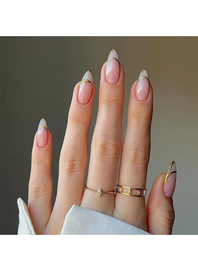 THEMIDI. Press On Nails Oval Shape Nude Pink with Gold Line French Tip Glossy Artificial Nails Set Full Cover Fake Nails Reusable Stick On Nails Acrylic Nails Kit Elegant Minimalist Nails for Women Daily Wear Office Wedding Party Fashion Nails Salon Style Long Lasting Nails with Nail File & Jelly Glue - Image 1
