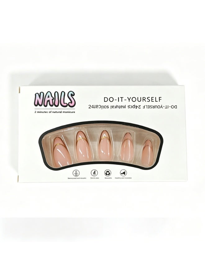 THEMIDI. Press On Nails Oval Shape Nude Pink with Gold Line French Tip Glossy Artificial Nails Set Full Cover Fake Nails Reusable Stick On Nails Acrylic Nails Kit Elegant Minimalist Nails for Women Daily Wear Office Wedding Party Fashion Nails Salon Style Long Lasting Nails with Nail File & Jelly Glue - Image 2