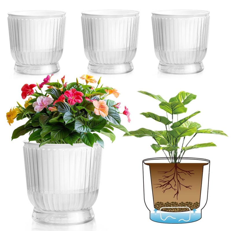 T4U 6 Inch Self Watering Pots for Indoor Plants, 4 Pack Self Watering Planter, Self Watering Pot with Reservoir, Clear Self Watering Pots for Indoor Plants, African Violets (4 Pack, 6", Clear) - Image 1