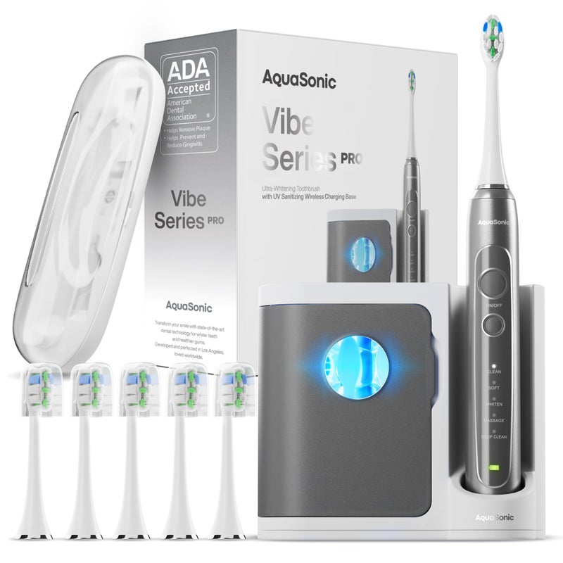 Aquasonic Vibe Series PRO UltraWhitening Electric Toothbrush 5 Modes Smart Timers UV Sanitizing Base ADA Accepted Charcoal Metallic