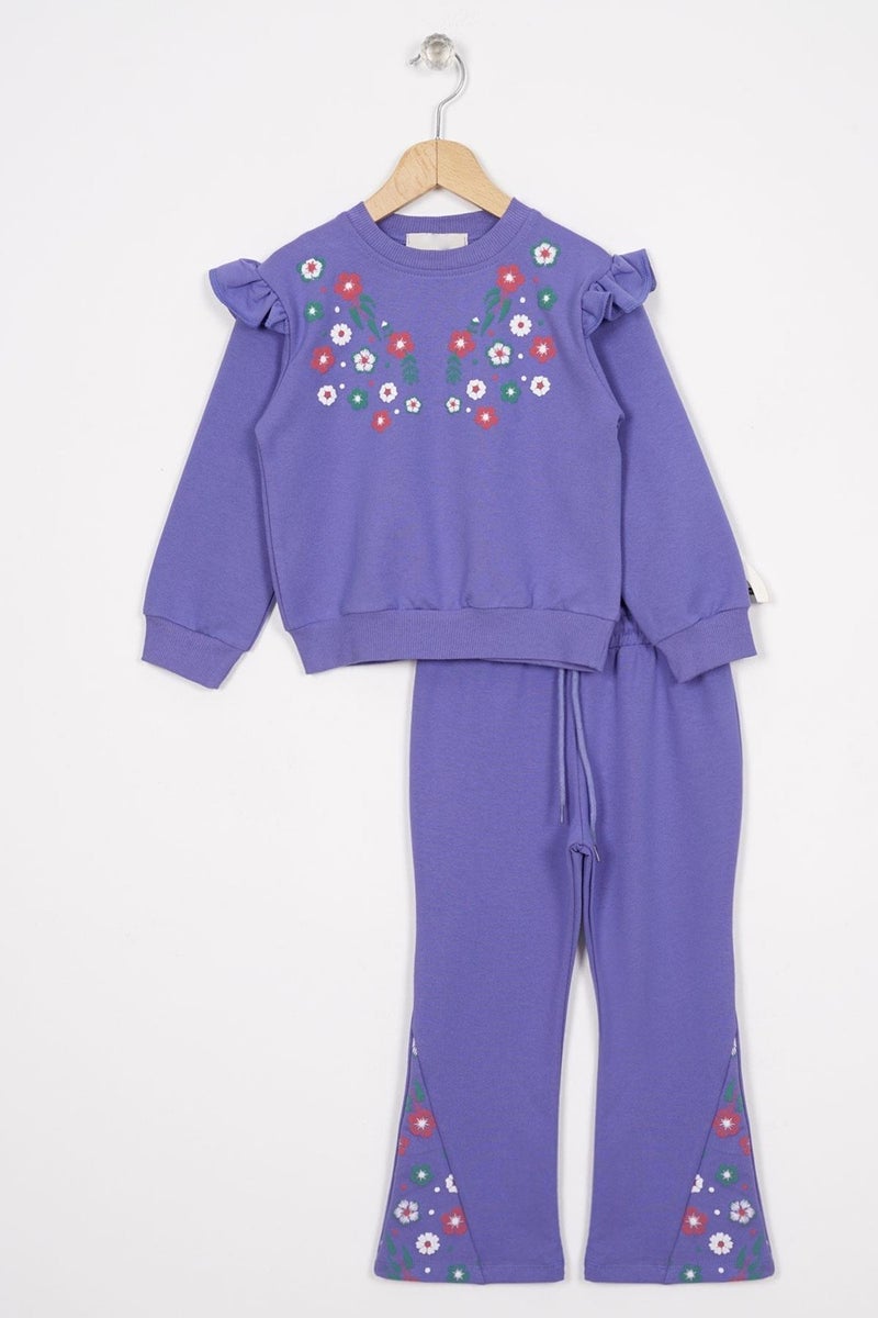 Zepkids Crew Neck Long Sleeve Flower Embroidery Printed Purple Color Girl's Two Piece Set  - Image 1