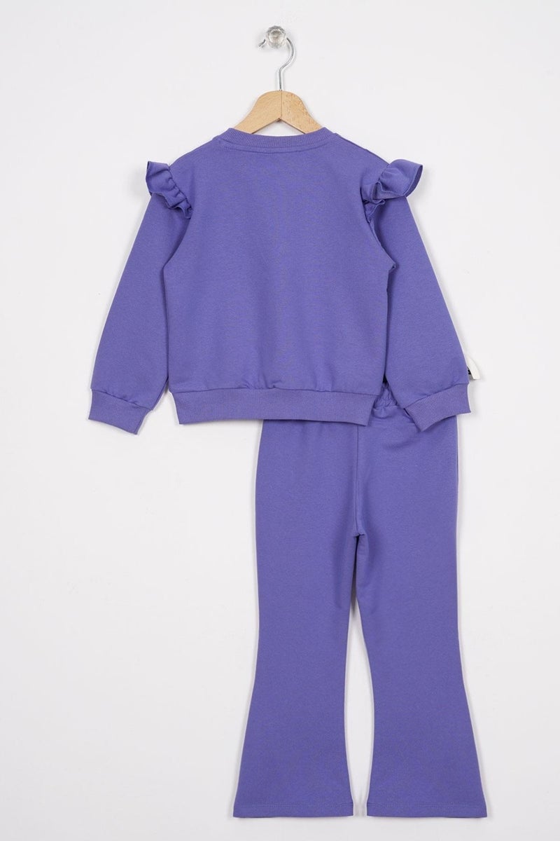 Zepkids Crew Neck Long Sleeve Flower Embroidery Printed Purple Color Girl's Two Piece Set  - Image 3