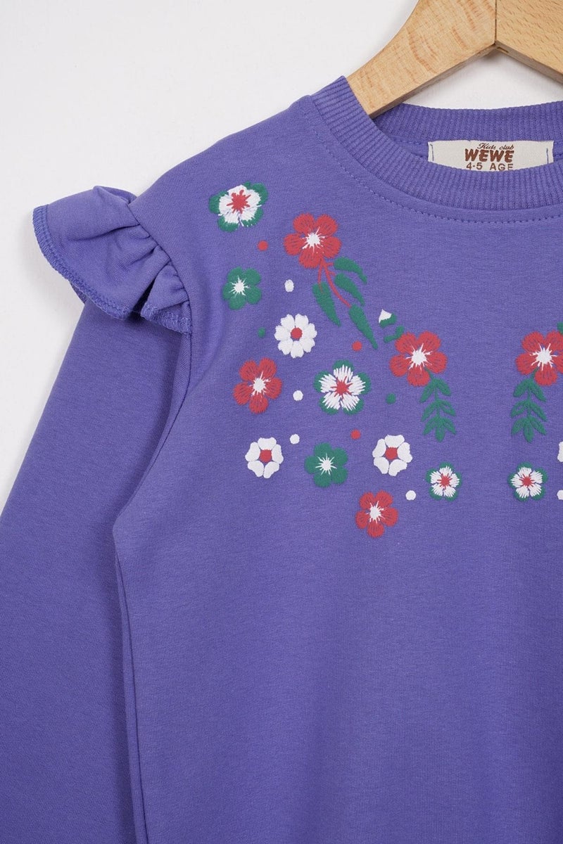 Zepkids Crew Neck Long Sleeve Flower Embroidery Printed Purple Color Girl's Two Piece Set  - Image 2