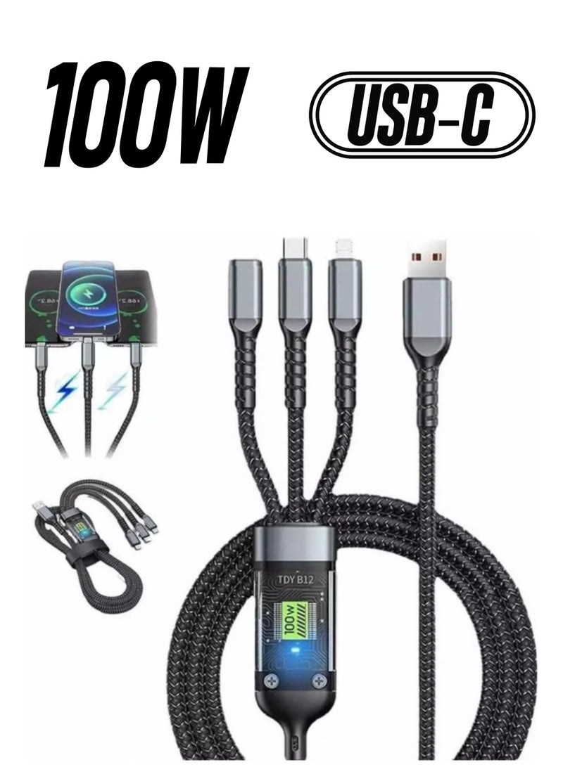 كابل شحن متعدد 3 في 1 - 1.2 متر كابل نايلون مضفر للشحن السريع - Image 1