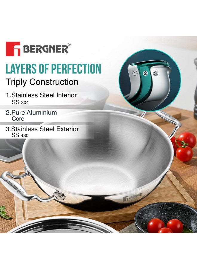 BERGNER مقلاة بيرجنر أرجنت ثلاثية الطبقات من الفولاذ المقاوم للصدأ 32 سم مع غطاء من الفولاذ المقاوم للصدأ، سعة 5.8 لتر، آمنة للطعام، مقابض مصبوبة تبقى باردة، آمنة في غسالة الصحون، جاهزة للاستخدام على الحث والغاز، ضمان 5 سنوات - Image 2