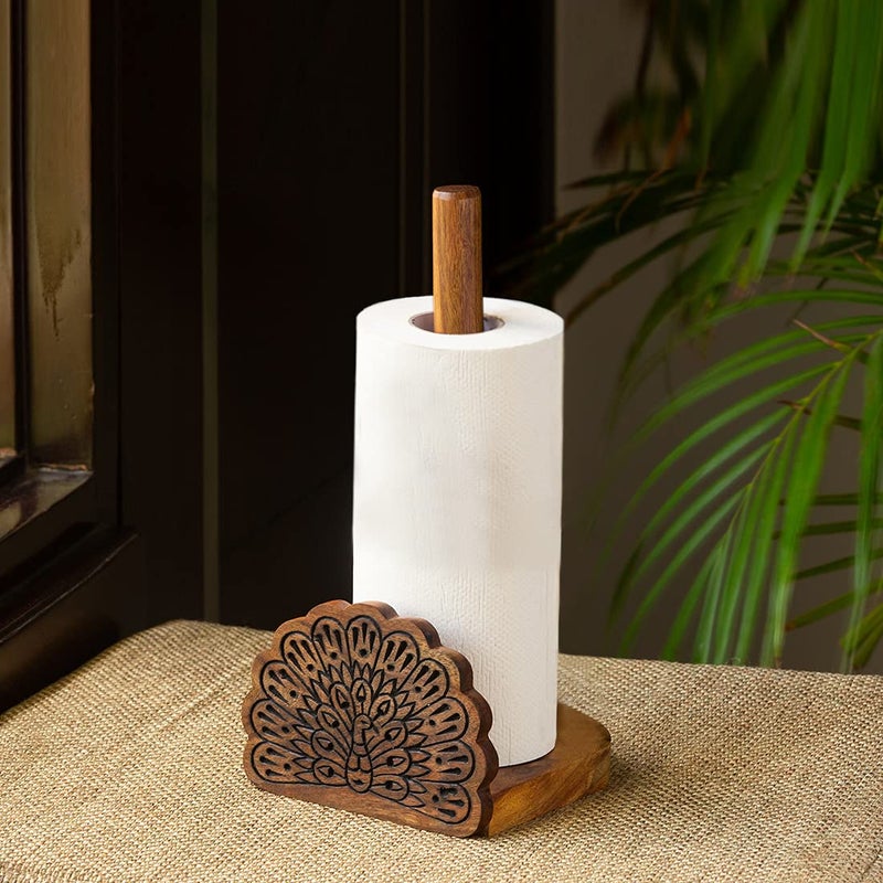 ExclusiveLane The Dancing Peacock Hand Carved Kitchen Paper Roll Stand in Sheesham Wood Kitchen Tissue Roll Holder Decorative Kitchen Napkin Roll Holder Wooden Napkin Stand - Image 1