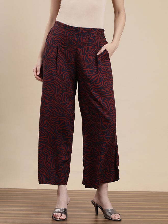 De Moza Maroon All Over Print Woven Rayon Pants - Image 2
