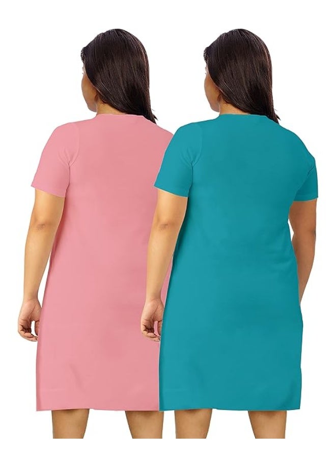 OPLU Store Women's Plus Size Cotton Plain Knee Length dress Pack of 2,Pink and Turquoise,XL - Image 3