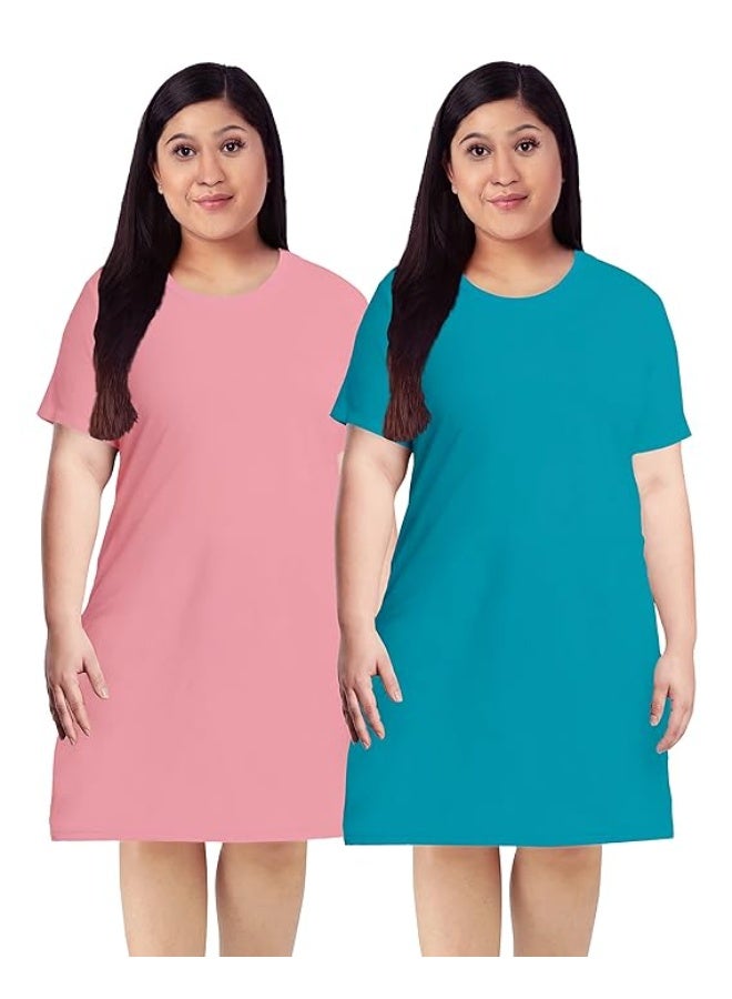 OPLU Store Women's Plus Size Cotton Plain Knee Length dress Pack of 2,Pink and Turquoise,XL - Image 1