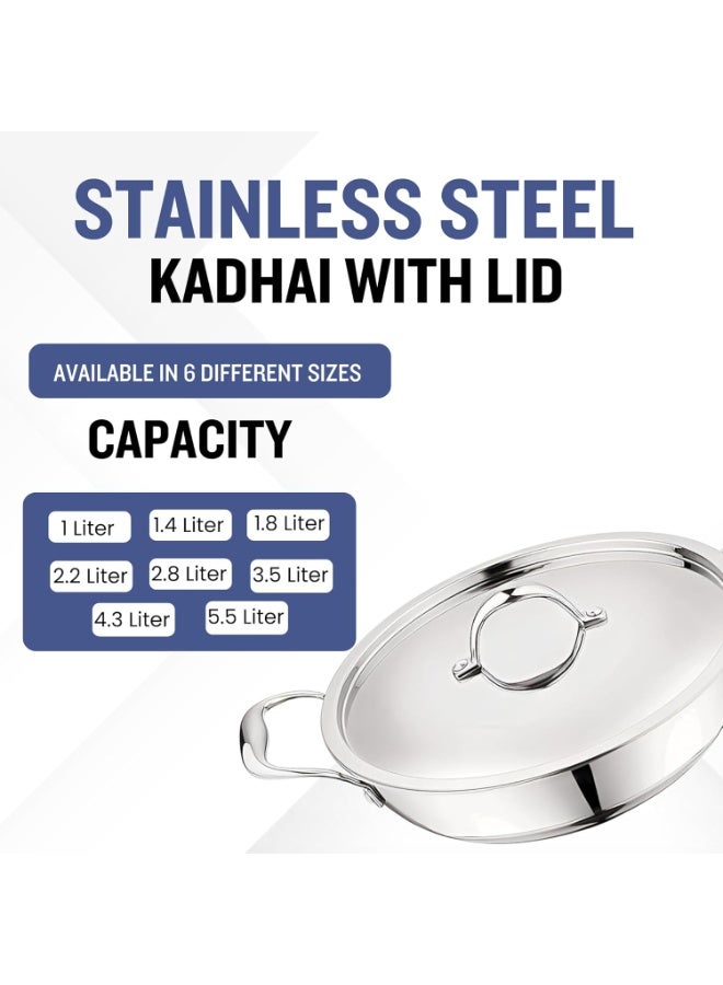 Prabha Tri-Ply Kadai Stainless Steel | Cookware Kadai with Lid 3.5L, 26CM | Kadai Deep Frying | Prima Flat Bottom, Food-Grade | Kadai for Cooking Induction Base & Gas Stove with 2 Year Warranty - Image 2