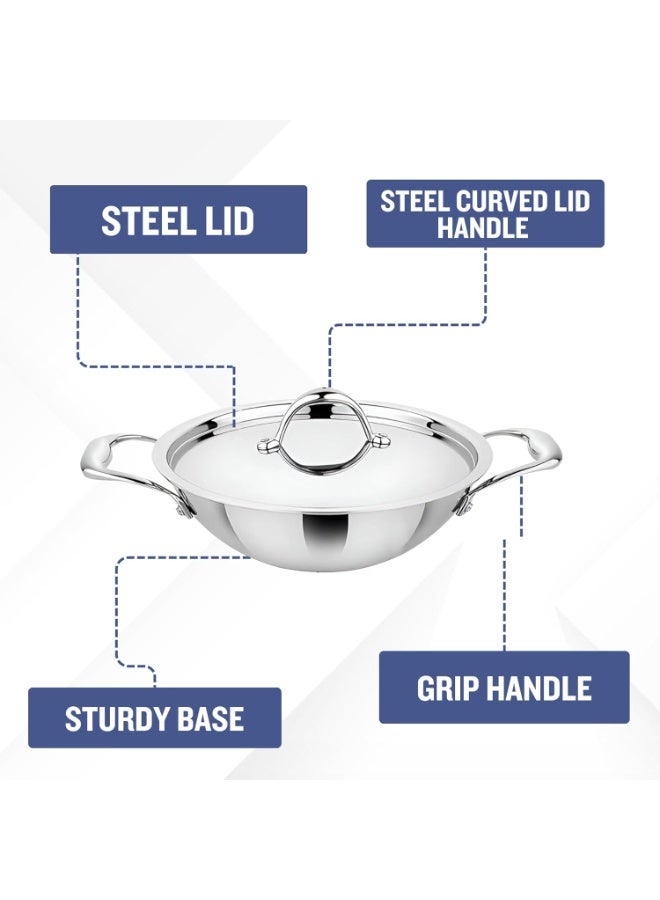 Prabha Tri-Ply Kadai Stainless Steel | Cookware Kadai with Lid 3.5L, 26CM | Kadai Deep Frying | Prima Flat Bottom, Food-Grade | Kadai for Cooking Induction Base & Gas Stove with 2 Year Warranty - Image 4