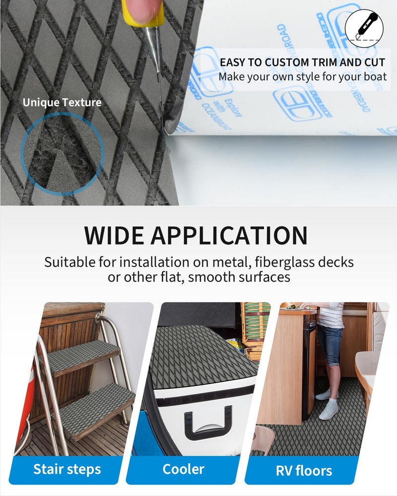 OCEANBROAD Self-Adhesive 48''x16'' Boat Flooring Non-Slip Diamond Pattern EVA Foam Marine Grip Sheet for Jon Boats Surfboard SUP Kayak Yacht, Gray - Image 5