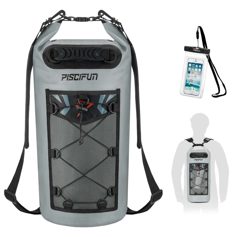 Piscifun Dry Bag Waterproof Floating Backpack 30L with Waterproof Phone Case for Boating Kayaking Fishing Grey 30L - Image 2