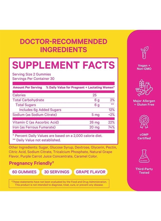 Pink Stork - Prenatal Iron Supplement for Women, Grape Chewable Iron Gummies with Vitamin C, Pregnancy Must Haves, Prenatal Vitamins for Iron Deficiency, 60 Gummy Chews - Image 1