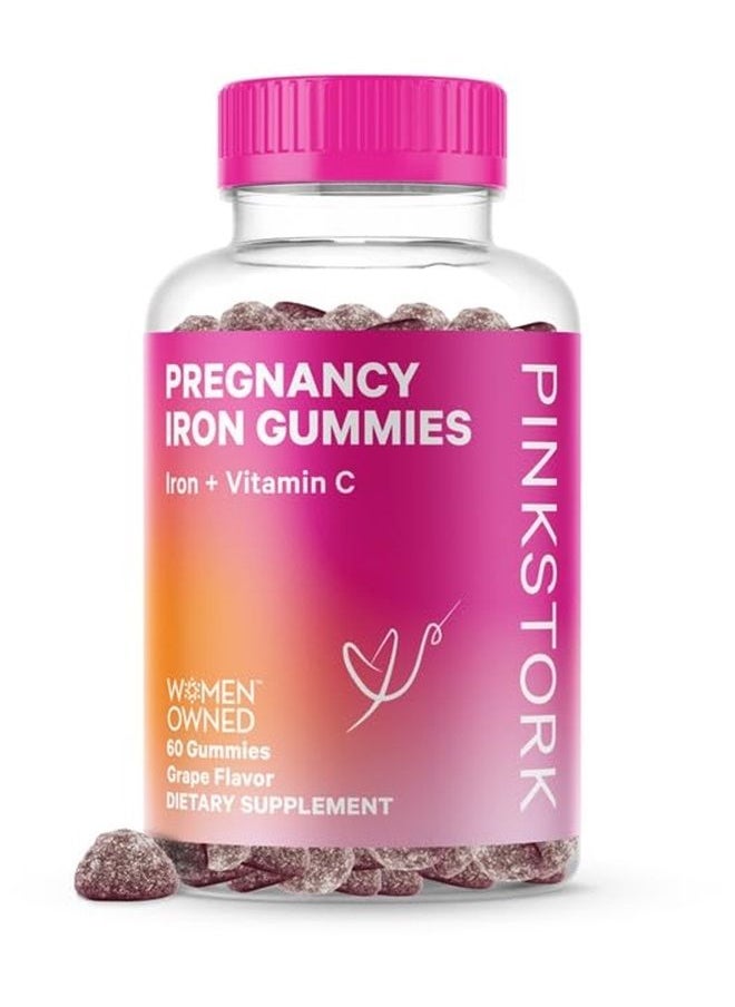 Pink Stork - Prenatal Iron Supplement for Women, Grape Chewable Iron Gummies with Vitamin C, Pregnancy Must Haves, Prenatal Vitamins for Iron Deficiency, 60 Gummy Chews - Image 1