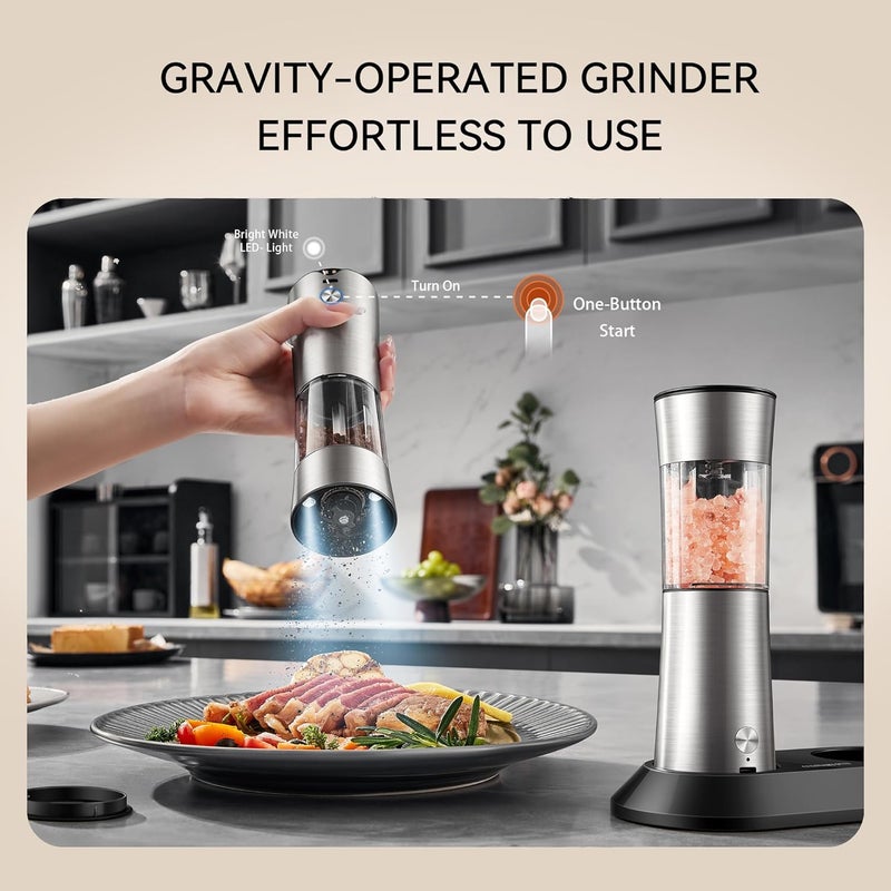 CULINARY FUN Electric Salt and Pepper Grinder Set, Gravity Operated, USB-C Rechargeable & Charging Base, Stainless Steel, Dual LED Guiding Lights, Comfortable Grip, Adjustable Coarseness, Perfect for Kitchen - Image 2