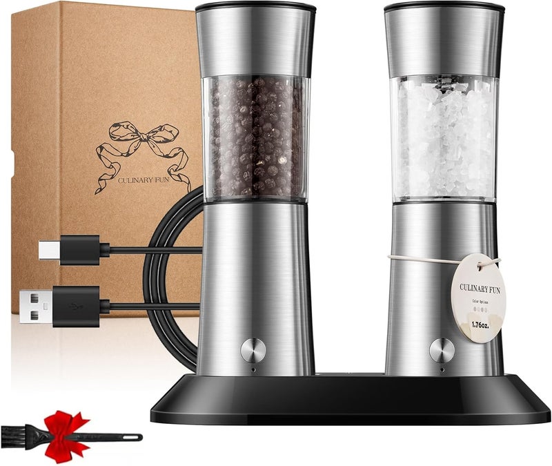 CULINARY FUN Electric Salt and Pepper Grinder Set, Gravity Operated, USB-C Rechargeable & Charging Base, Stainless Steel, Dual LED Guiding Lights, Comfortable Grip, Adjustable Coarseness, Perfect for Kitchen - Image 1